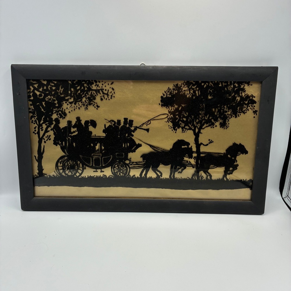 Vintage Reverse Glass Silhouette Painting Horse Drawn Carriage Gold Black Framed